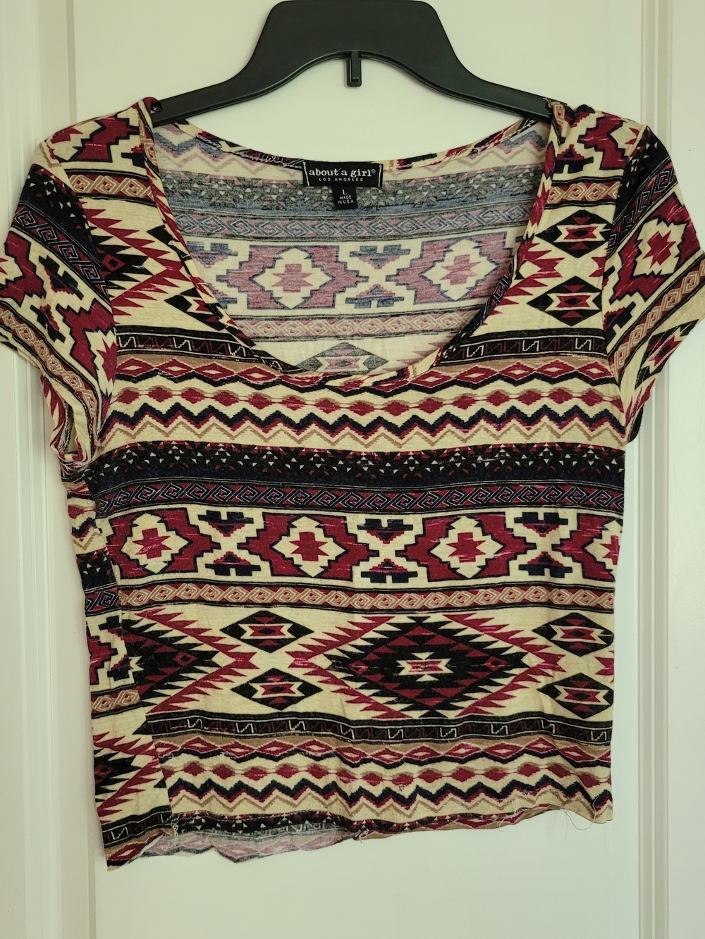 About A Girl Aztec Scoop Neck Crop Top in Cream, Burgundy & Black